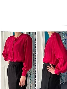 Red silk blouse 1980’s / long bouffant sleeves / unused but has minor flaws